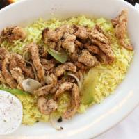 Chicken Shawarma · Rotisserie broiled chicken breast strips marinated with savory garlic paste, spices, and saf...