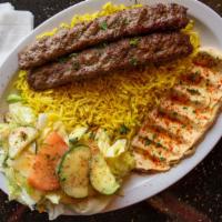 Beef Kafta Kabob · Two skewers of ground beef sirloin combined with onions and Eastern spices then grilled to p...