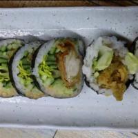 #74. Spider Roll · Soft shell crab, cucumber, green leaf, kaiware, spicy mayo with eel sauce, sesame on top.