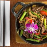 Mongolian Beef (Gf) · Beef and Shiitake mushrooms marinated in hoisin are sauteeed with seasonal vegetables and to...