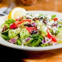 Zeek The Greek · Romaine, Green Pepper, Red Onion, Tomato, Kalamata Olive, Feta, Greek Dressing