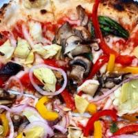 Vg Queens Pizza · Artichokes, Mushrooms, Peppers, Red Onion, Violife Vegan Mozzarella, San Marzano Tomato Sauc...
