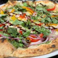 Vg Rocket Pizza · Arugula, Roasted Peppers, Red Onion, Violife Vegan Mozzarella, Balsamic Glaze, EVOO, Fresh B...