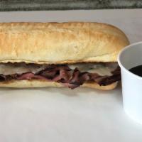 Large French Dip Sub Sandwich · Lean Roast Beef sliced thin, provolone cheese and steaming Au Jus.