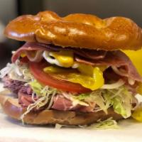 Regular Stack Sub Sandwich · Roast beef, turkey, honey ham, genoa salami and Swiss.