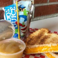 Kids Toasted Cheese Sandwich · Served with a choice of side (chips or applesauce) and drink (juice, chocolate milk, or smal...