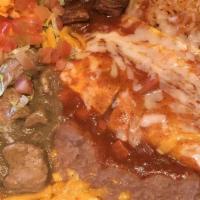 * Los Tres Amigos · We’ve combined three all time favorites to complete this tasty platter. Chile verde (pork), ...