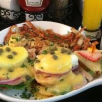 Smoked Salmon-N-Eggs Benedict · english muffin, smoked salmon, poached egs, hollandaise, spinach, red onion, capers, hash br...