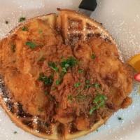 Crispy Fried Chicken & Waffle · giant buttermilk battered boneless chicken breast, belgian waffle, and maple syrup. make it ...