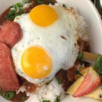 Loco Moco · ribeye steak burger, sliced spam, white rice, gravy-yaki sauce, two eggs any-style (our spin...