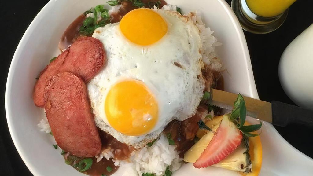 Loco Moco · ribeye steak burger, sliced spam, white rice, gravy-yaki sauce, two eggs any-style (our spin on an island classic!)