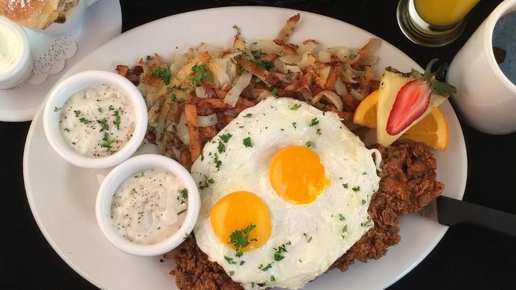 Country Fried New York Steak & Eggs · buttermilk battered, 2 eggs any style, has brown potatoes ( contain green onions) & country sausage gravy
