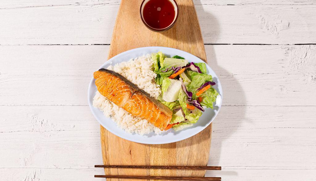 Salmon Plate · Salmon with housemade teriyaki sauce, your choice of a base and house salad.