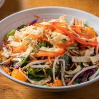 Sesame Soy Salad · Mixed greens, almonds, bean sprouts, red peppers, carrot threads, mandarin oranges, red cabb...