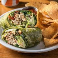 Buffalo Chicken Wrap · Romaine, buffalo chicken, cucumbers, carrot threads, tomatoes, croutons, red peppers, red on...