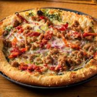 Small Mike · Italian sausage, sun-dried tomatoes, red onions, Parmesan, mozzarella/provolone and spinach ...