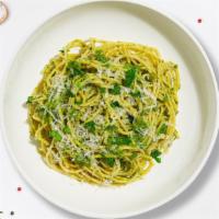 Pesto Both Worlds (Spaghetti) · Fresh basil leaves, garlic, grated parmesan cooked with Spaghetti.