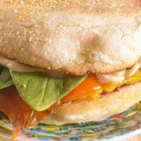 The Original Sandwich · UB house gluten-free and eggless breakfast patty, mayo, cheese, and spinach on a toasted Eng...