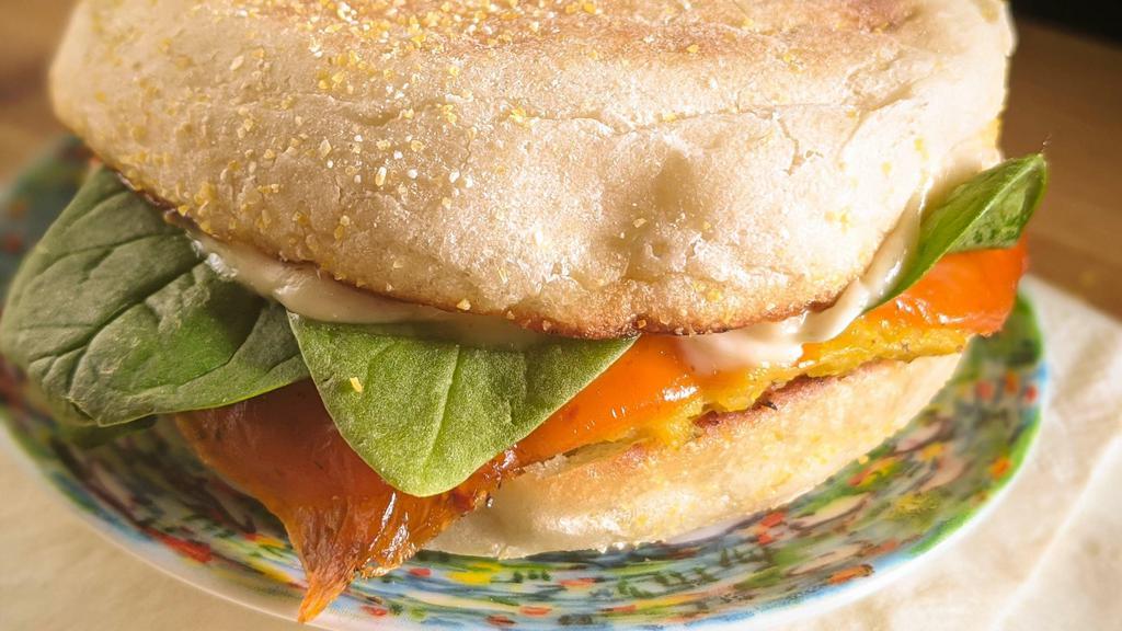 The Original Sandwich · UB house gluten-free and eggless breakfast patty, mayo, cheese, and spinach on a toasted English muffin or gluten-free biscuit.