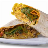Anytime Scramble Breakfast Burrito · Anytime scramble, oven-roasted herb potatoes, chorizo, UB beans, lettuce, chipotle sauce.