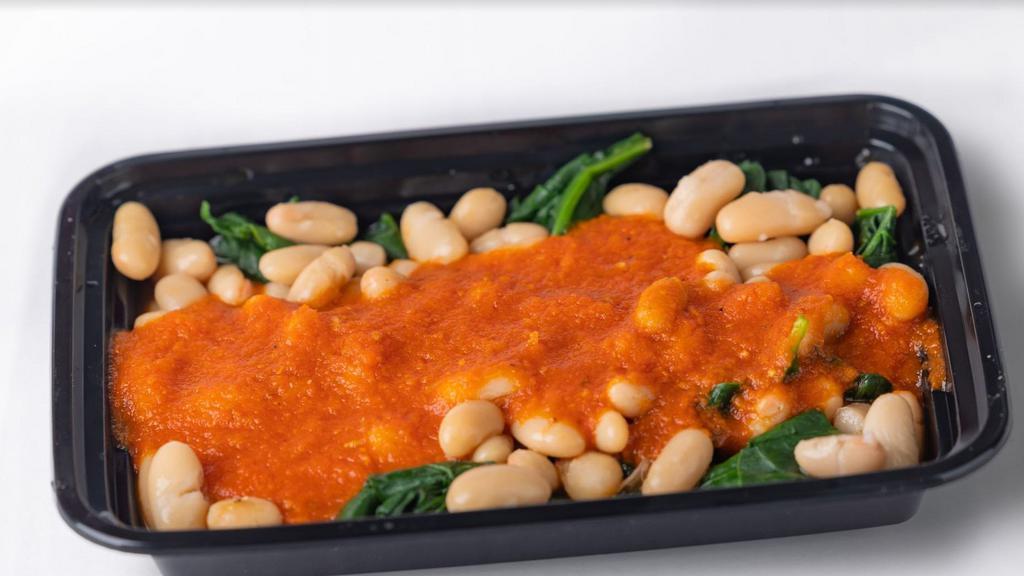 Beans N' Greens · Italian cannolini beans and wilted spinach, drenched in UB marinara sauce and melted mozzarella. Gluten free.