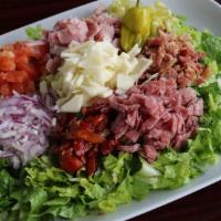 Chopped Salad · Chopped Romaine Lettuce, Tomatoes, Red Onion, Pepperoncini, Roasted Red Peppers, Ham, Salami...