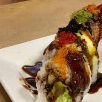 Bronco Roll · Soft shell crab, eel, avocado, cucumber with four kinds of tobico topping.