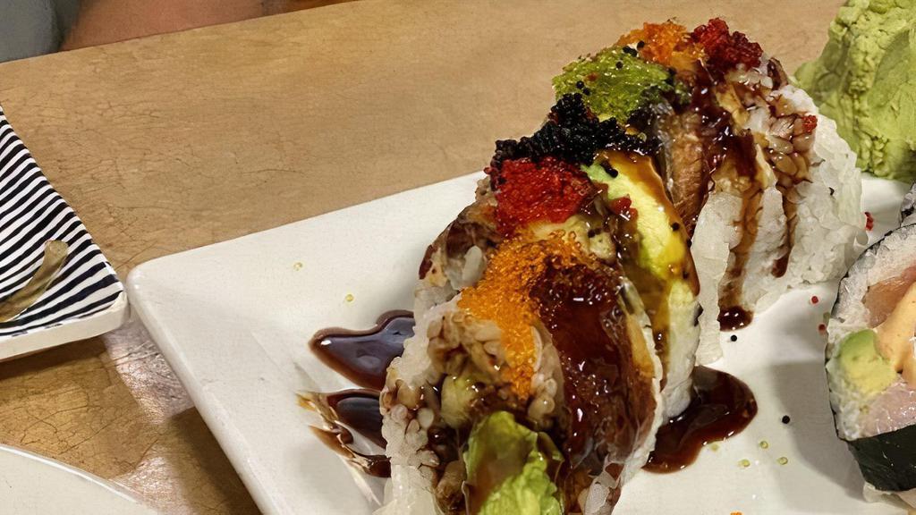 Bronco Roll · Soft shell crab, eel, avocado, cucumber with four kinds of tobico topping.