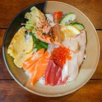 Chirashi Don · Sushi rice topped with chef’s choice of various sashimi (No Substitutions).


Consuming raw ...
