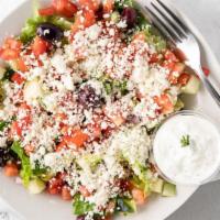 Side Greek Salad · Side greek salad; romaine lettuce, onion, tomato, cucumber, black olives, vinaigrette dressi...