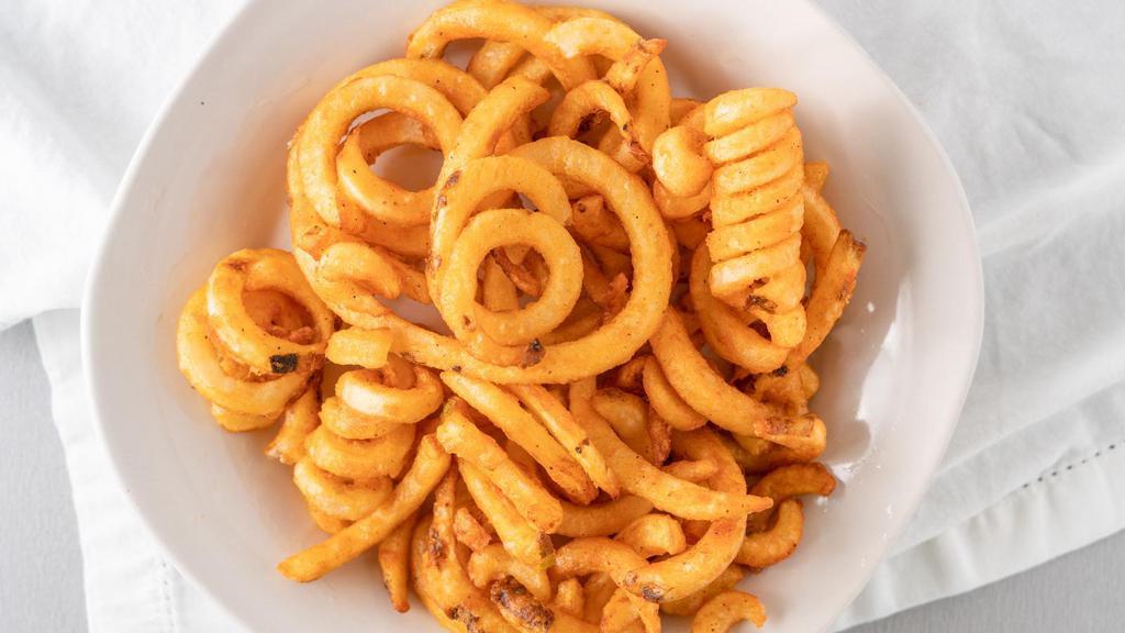 Curly Fries · Regular size is enough for 2, basket size for 3 or more. 
Greekstyle option will add our famous spicy garlic sauce and feta cheese over the fries.