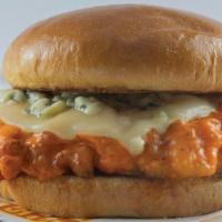 Buffalo Chicken Sandwich · Hand-breaded and fried chicken breast tossed in buffalo sauce, topped with provolone and ble...