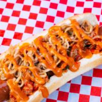 The Korean (Raw Dawg) · Nathans 100% beef hotdog, Infused ramen noodle, kurobuta pork, kimchi relish, house special ...