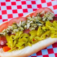 Pdx Slammer · Nathans 100% beef hotdog, Pepperoncini shredded, pickled carrots, jalapeños sticks and celer...
