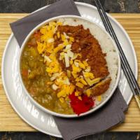 Tonkatsu Cheese Curry · Made with pork cutlet, potatoes, carrots, onions and topped with a blend of cheddar, gouda a...