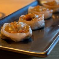 Crystal Shiitake Mushroom Dumplings · (4 pc) Shiitake Mushroom Hargow Dumplings, Truffle Emulsion, Thyme Crumble