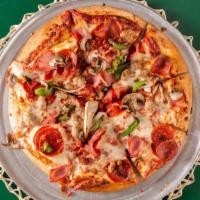 Pizza Supreme · Red sauce, pepperoni, sausage, bell peppers, onions, mushrooms.