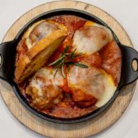 Veal Meat Balls · New. With garlic, eggs, gorgonzola, Parmesan cheese, Arrabiata sauce, pancetta, and grilled ...