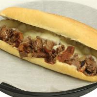 Bourbon & Bacon (Small) · Cal. 736. Grilled sirloin, sautéed onions and melted white American cheese. Topped with cris...