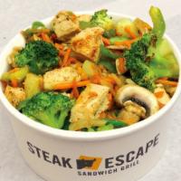 Cajun Chicken Bowl · Grilled chicken, oven roasted broccoli and carrots, grilled onions, mushrooms, green pepper ...