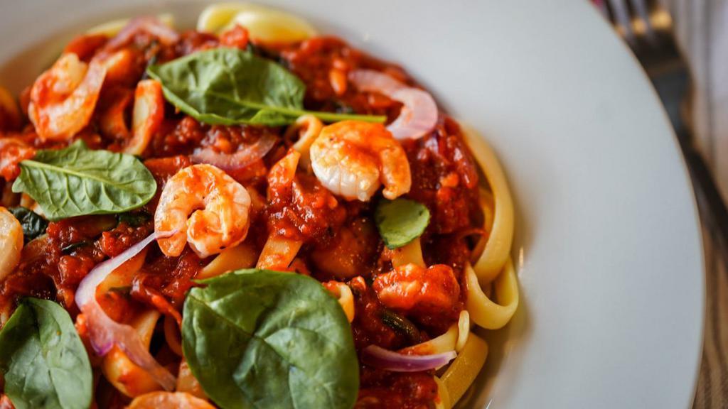 Shrimp Arrabiata (Moderate) · Arrabiata Sauce (Neapolitan and Chili Paste) Shrimp, Spinach and Red Onions