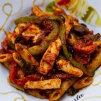 Bayou Chicken (Moderate) · Arrabiata Sauce (Neapolitan Sauce with Chili Paste), Chicken, Black Olives, Red and Green Pe...