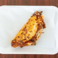 Queso Taco Mixto · Single corn tortilla, birria meat, marinated shrimp, mozzarella cheese.