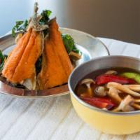 Tri-Flavored Crispy Trout        · Crispy whole trout with sweet-tangy tamarind sauce, bell pepper, mushroom, fried shallot, sc...