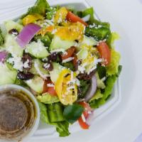 Small Greek Salad · Fresh romaine lettuce, chopped green bell pepper, cucumber, tomato, red onion, kalamata oliv...
