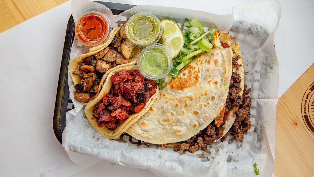 Meat Combo · One quesadilla and two tacos with your choice of meat. (drink included).