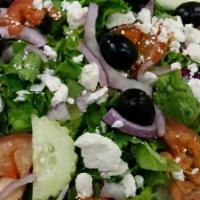 Greek Salad · Green lettuce, tomato, red onion, black olives, feta cheese vinaigrette dressing. Add meat l...
