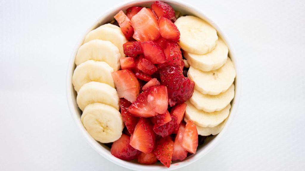 Peanut Butter Power Bowl · Blend: Acai, strawberry, banana, blueberry, peanut butter, and chocolate almond milk. 
Toppings: Granola, dark chocolate chips, strawberry, banana, and honey.