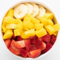 Mighty Mango Bowl · Blend: Acai, strawberry, banana, blueberry, mango, and apple juice. Toppings: Granola, straw...