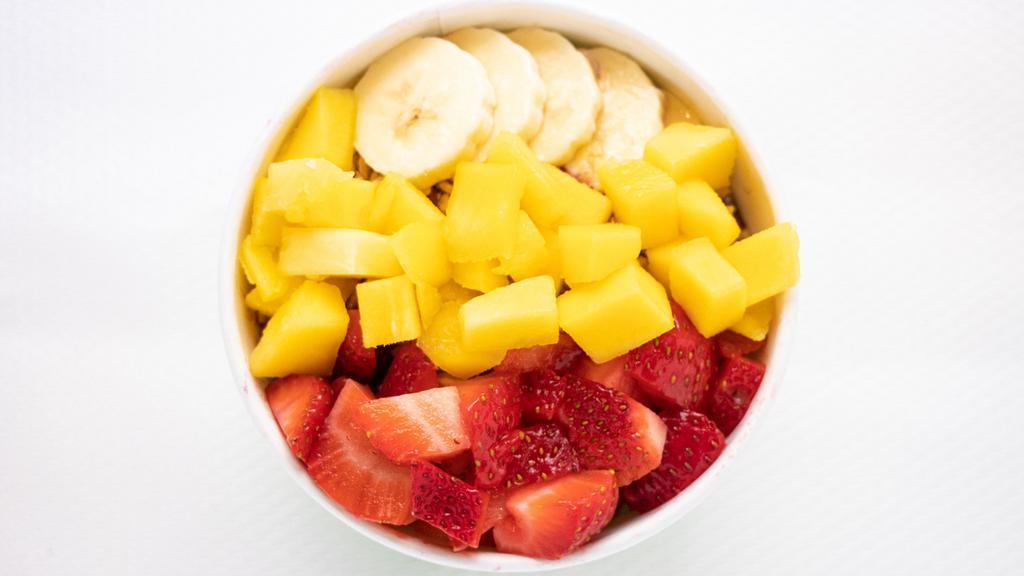 Mighty Mango Bowl · Blend: Acai, strawberry, banana, blueberry, mango, and apple juice. Toppings: Granola, strawberry, banana, mango, and honey.